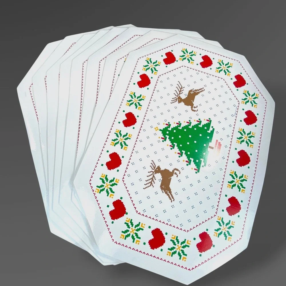 Christmas Pixel Vinyl Placemats Set of 8 Reindeer Tree 1984 Vintage